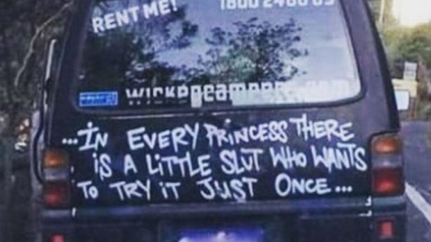 Public awareness about offensive slogans became widespread after a Sydney mother noticed this slogan on the back of a Wicked Campers van in 2014. The company apologised and removed the slogan at the time.