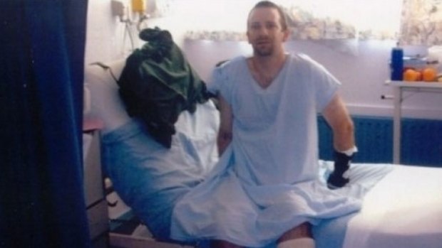 Michael Pook sits up for the first time after his accident in 2005. The pain was so intense, he passed out seconds later.