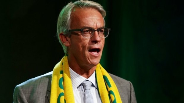 FFA CEO David Gallop speaks during a Socceroos Caltex sponsorship announcement at Carriageworks in 2016.