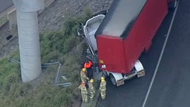 The semi-trailer involved in the Monash Freeway crash with an ambulance in May.
