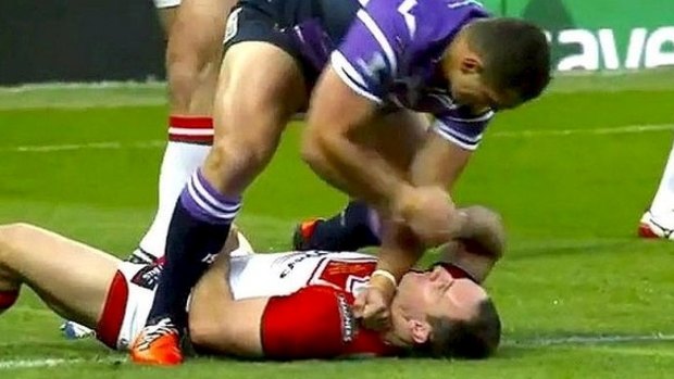 Ben Flower punches Lance Hohaia in last year's Super League grand final.