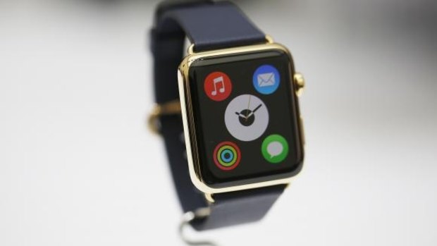 The high-end version of the Apple Watch, called the Apple Watch Edition, is displayed at Apple's launch event this week.