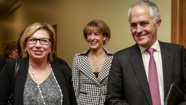 Australian of the year Prime Minister Malcolm Turnbull with Minister for Women Michaelia Cash at the announcement of the government's package to tackle domestic violence.