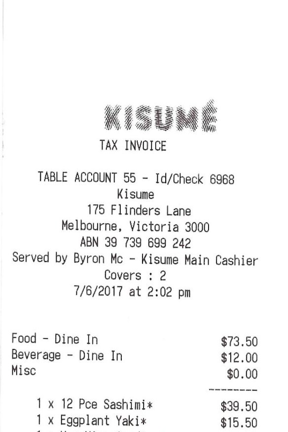 Receipt for lunch at Kisume with BBC presenter Michael Mosley.