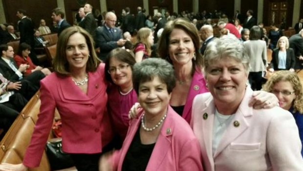 On Wednesdays we wear pink: Representative Cheri Bustos and her political colleagues made a serious fashion statement at the State of the Union address.