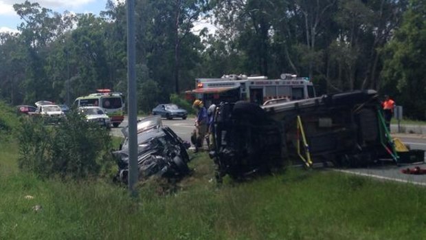 Two cars after a road crash at Boondall in which five people were injured.