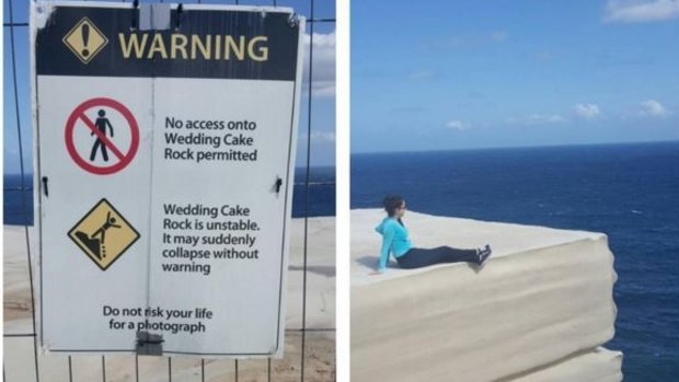 #sorrynotsorry: A sightseer posts a photo of the warning sign, beside a photograph of a woman sitting on Wedding Cake Rock