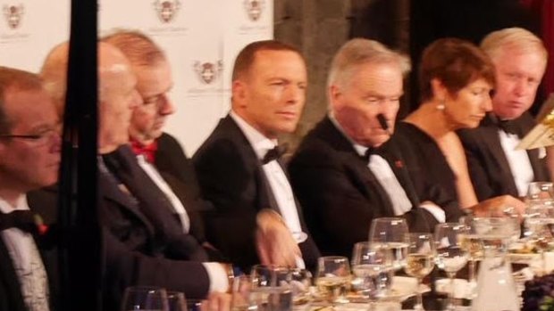 Tony Abbott, fifth from left, with his wife Margaret, second from right, at the Margaret Thatcher lecture in Britain.