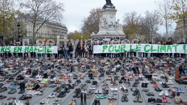 The Place de le Republique is covered with shoes representing the victims of the Paris terror attack during a rally ahead of climate talks.