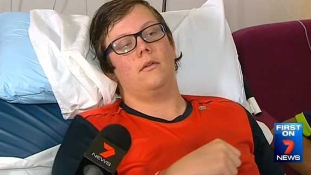 Josh Lawrie in his hospital bed at Nepean Hospital.