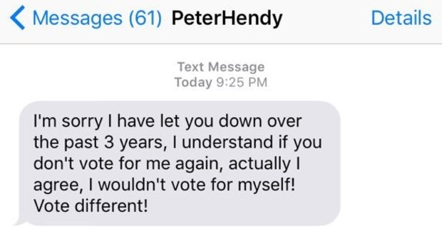 A text message, purporting to be from Liberal MP Peter Hendy. The recipient doesn't have Dr Hendy's number in his phone, indicating it was sent as bulk SMS marketing.