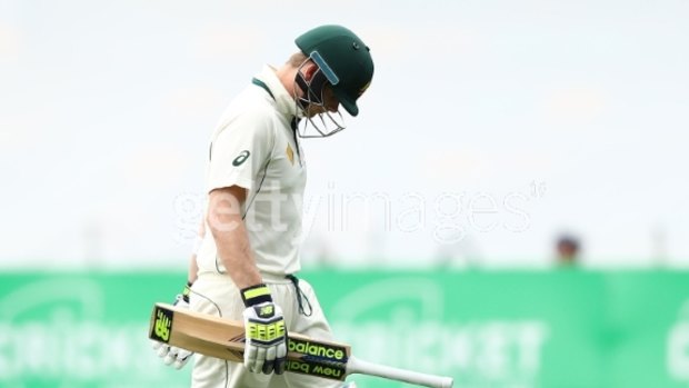 Steve Smith of Australia looks dejected after being dismissed during the Second Test in Hobart.