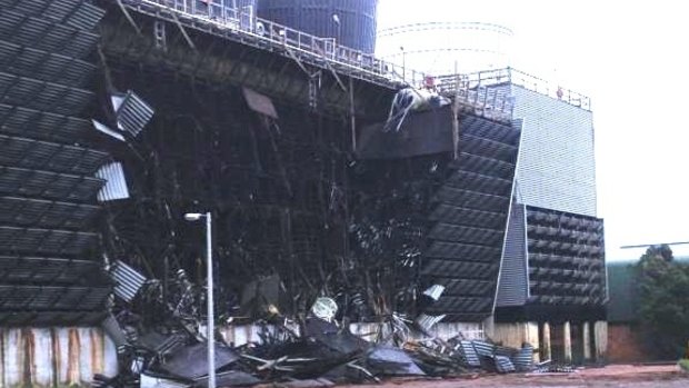 The collapse of the cooling tower at the Muja D power plant near Collie.
