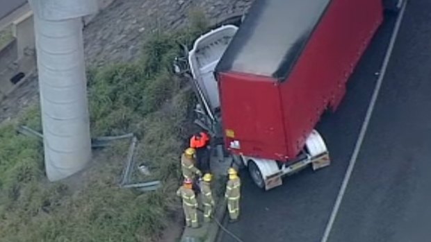 The semi-trailer involved in the Monash Freeway crash with an ambulance in May.