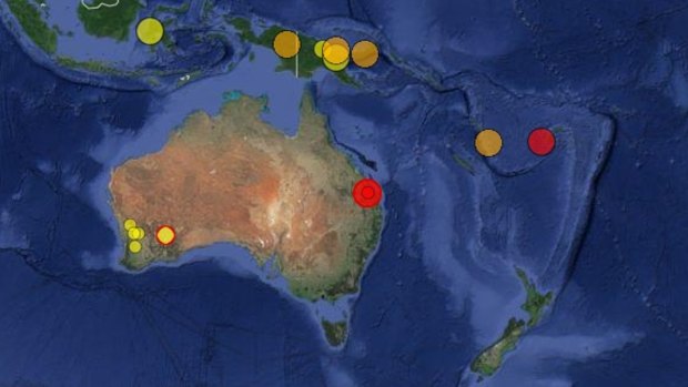 The government's Geoscience Australia website confirms the quake, which hit south-west of Bundaberg on Monday morning. The red spots indicate recent tremors, while yellow represents older earth movements.  