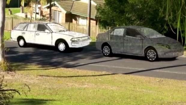 An artist's impression of two cars seen in Benaroon Drive in Kendall on the morning William Tyrrell disappeared.