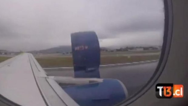 The moment part of the engine casing on a Sky Airline Airbus peels off during take-off in Chile.