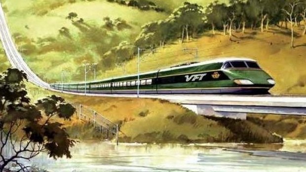 An artist's impression by Phil Belbin of the proposed VFT (Very Fast Train) in the 1980s. 
