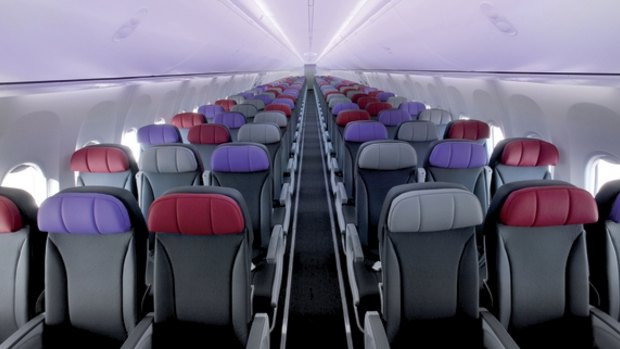 The main cabin on board a Virgin Australia 737.