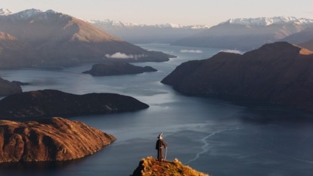 Mount Roy, Wanaka: New Zealand student Akhil Suhas travelled New Zealand in a Gandalf costume.