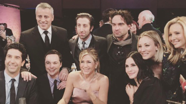 Friends, minus Matthew Perry, and Big Bang Theory casts together last month.