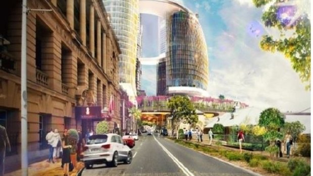 William Street looking east in the future, with Treasury at left and Printery and former DPI building further along streetscape. Augmented reality could be used to give another view of the Queen's Wharf precinct.