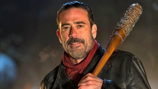 Negan (Jeffrey Dean Morgan) and his baseball bat 'Lucille' in the season six finale of <i>The Walking Dead</i>.