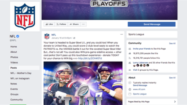 The NFL advertised the Super Bowl fixture on its Facebook page before the teams had been decided.