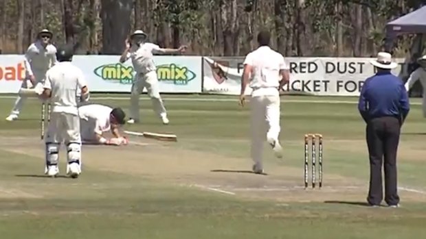 David Warner goes to ground after being hit in the neck. 