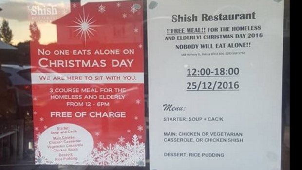 Printed posters about the free meal now hang on the windows of the Shish Restaurant, a Muslim-owned eatery in London.