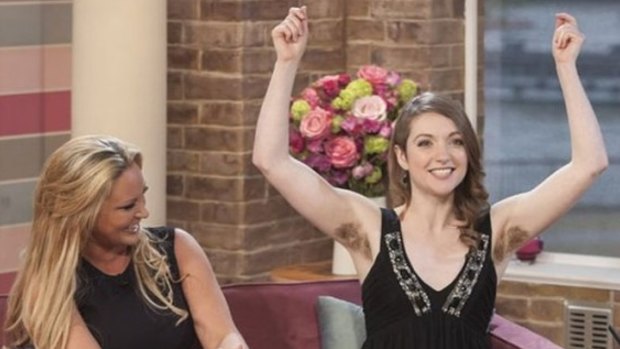 Emer O'Toole shows off her under arm hair on morning TV in the UK.