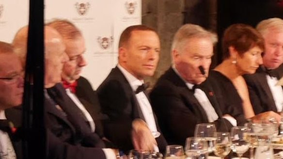 Tony Abbott, fifth from left, with his wife Margaret, second from right, at the Margaret Thatcher lecture in Britain.