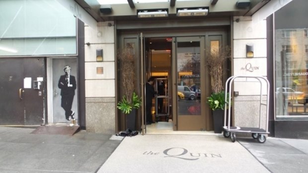 Street art: Andy Warhol by Blek le Rat at the entrance of the Quin Hotel, New York.