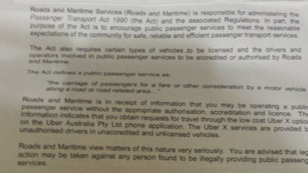 Warning: Part of the letter sent to a Sydney Uber driver.