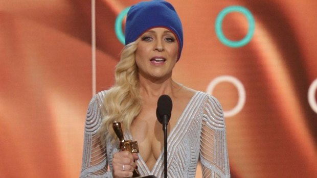 Beanie on: Carrie Bickmore delivers her moving acceptance speech after winning the Gold Logie.