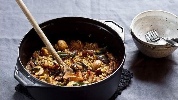Barley 'risotto' with mushrooms and speck.