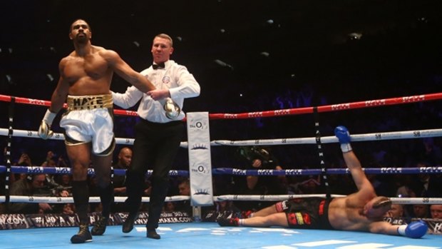 Mark de Mori is down for the count as David Haye wins his first fight in more than three years.