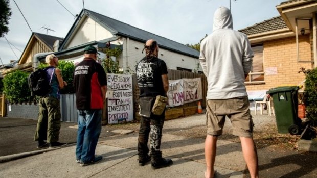 Protesters and homeless people in Bendigo Street in April.