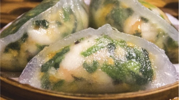 Spinach dumplings with shrimp from Tim Ho Wan, Chatswood, Hong Kong's Michelin starred restaurant just opened in Sydney.