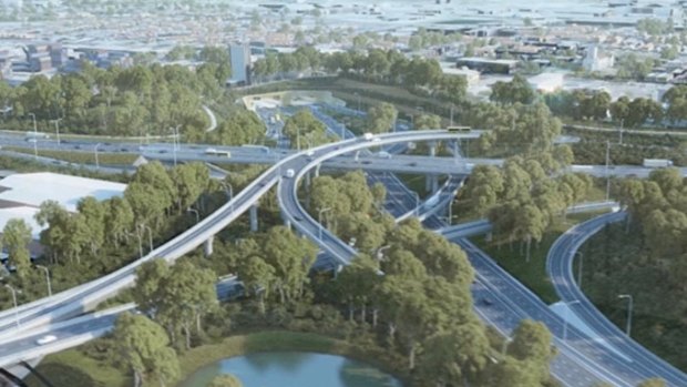 Stills from the WestConnex imagery showing the St Peters interchange.