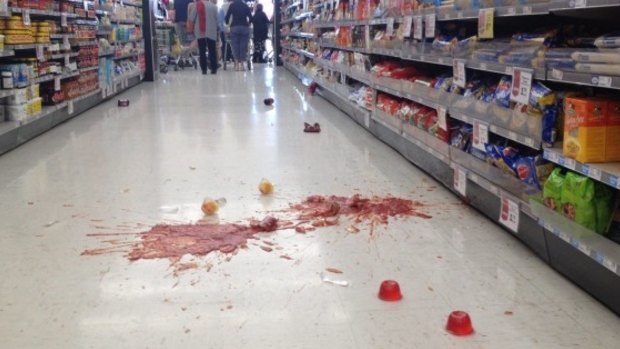 Items have fallen from the shelves in a supermarket in Motueka, on New Zealand's South Island, during the earthquake.