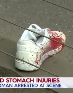 A bloodied shoe at the scene of the stabbing.