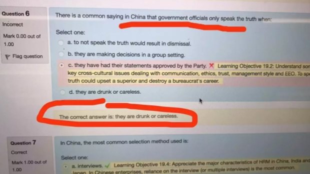 A screen grab of the Monash University quiz, which offended Chinese students.