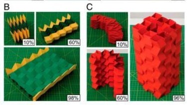 Prototype origami structures designed by Glaucio Paulino and Evgueni Filipov. B: an expandable bridge; C: architectural designs.
