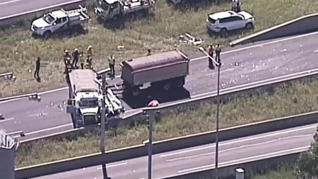 A truck involved in a crash on the M7 at Eastern Creek on Thursday.