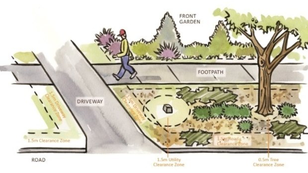 The proposed new rules for Canberra's nature strips, showing clearance zones near roads, driveways and footpaths, now delayed.