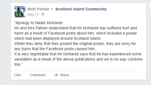 A screenshot of Matt Palmer's apology on the Scotland Island Community Facebook page.