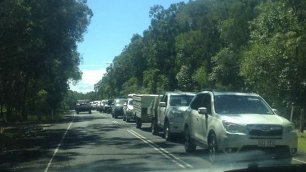 Traffic banks up at the Noosa Ferry as holidaymakers return home from the Easter break.