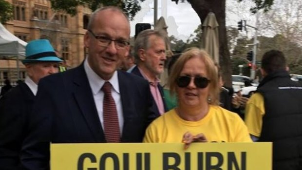 Opposition leader Luke Foley posed with suspended trainer Kim Mulrine at a protest against the ban on greyhound racing.