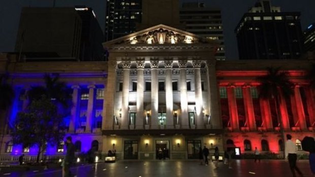 City Hall in Brisbane lit in blue, white and red in the wake of the Paris terror attacks.
